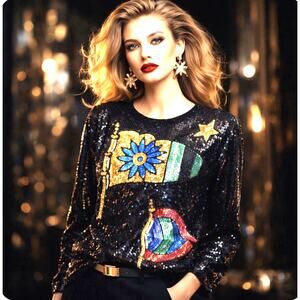 Vintage Creative Creations Silk Fully Beaded Black Gold Sequined LS Top Size M